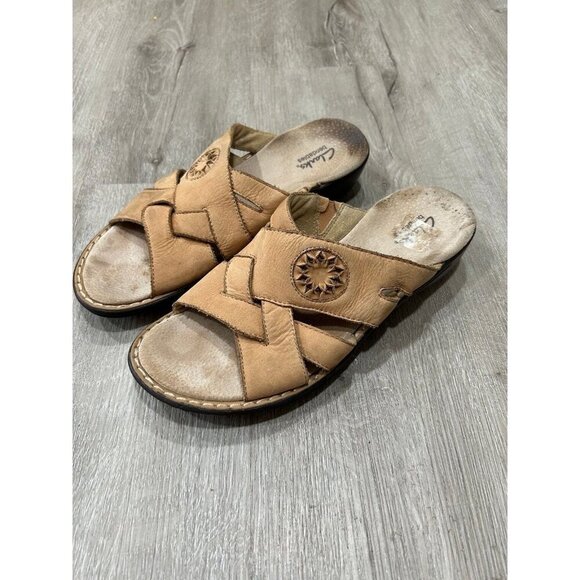 Clarks Bendables Suede Tan Leather Slide On Sandals Women's Size 8 - Picture 1 of 6